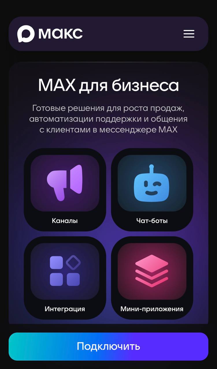 Страница MAX для бизнеса