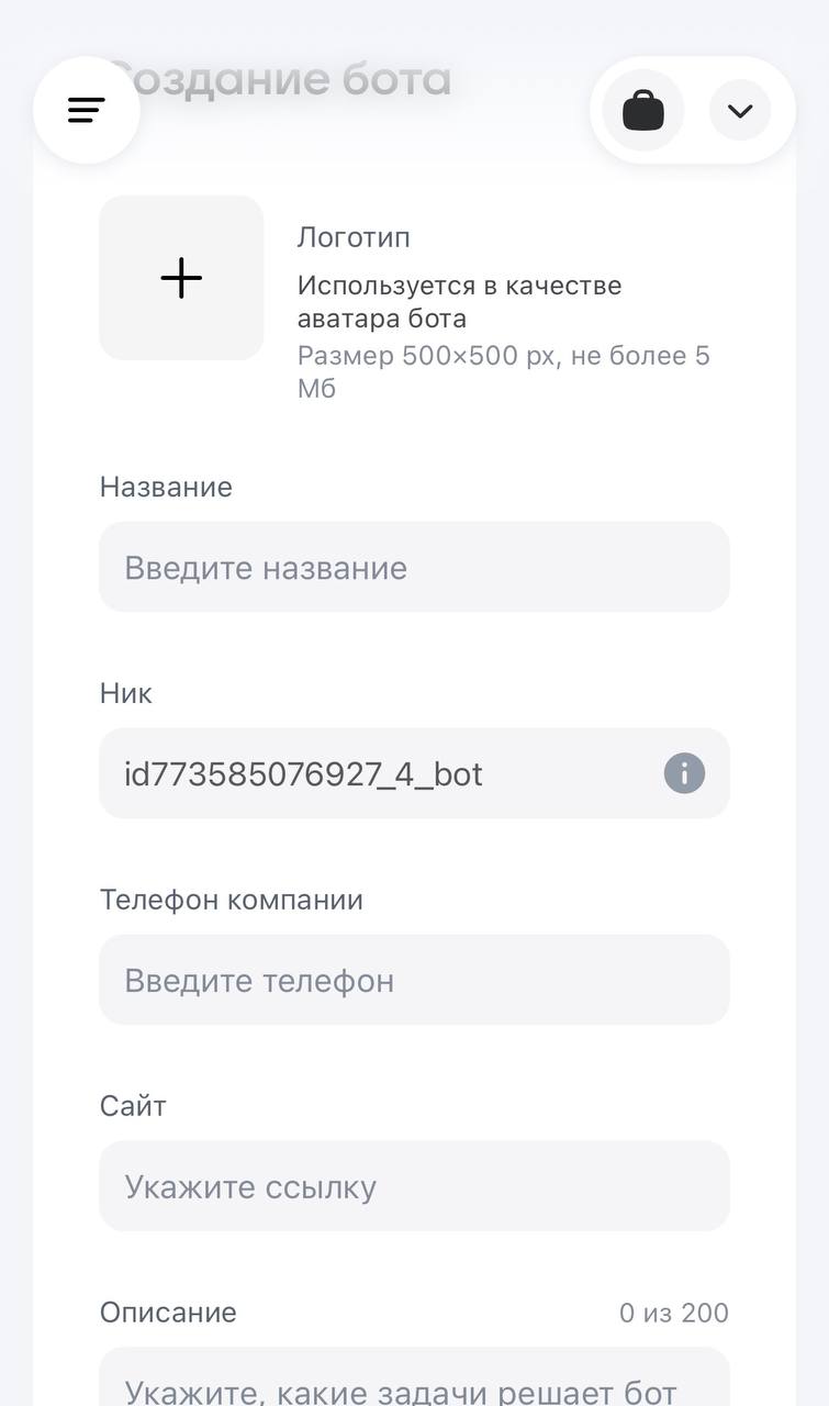 Форма создания бота — название и ник